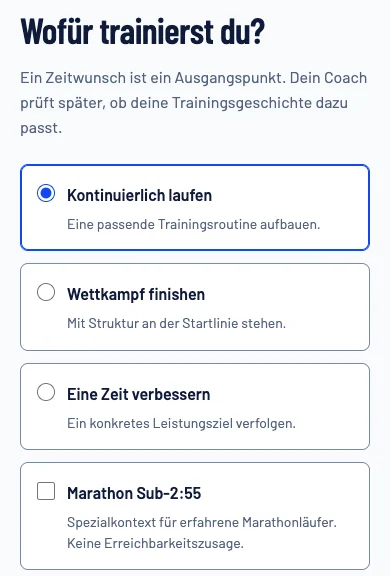 Mobile NuroStride-Zielauswahl mit drei Laufprioritäten und optionalem Sub-2:55-Kontext.