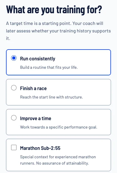 NuroStride mobile goal selection with three running priorities and optional Sub-2:55 context.
