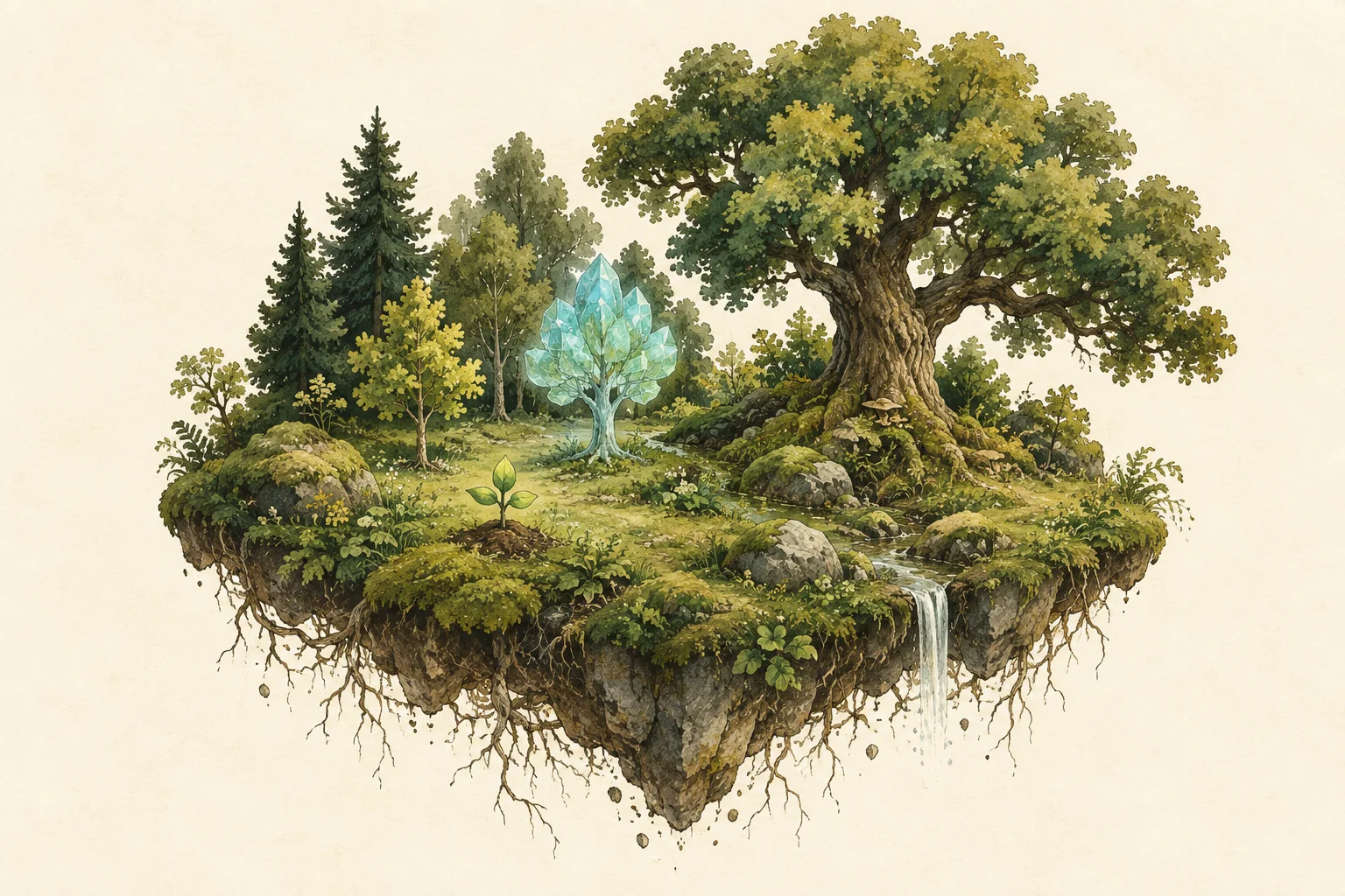 An illustrated forest island with a sapling, mature oak and translucent crystal tree